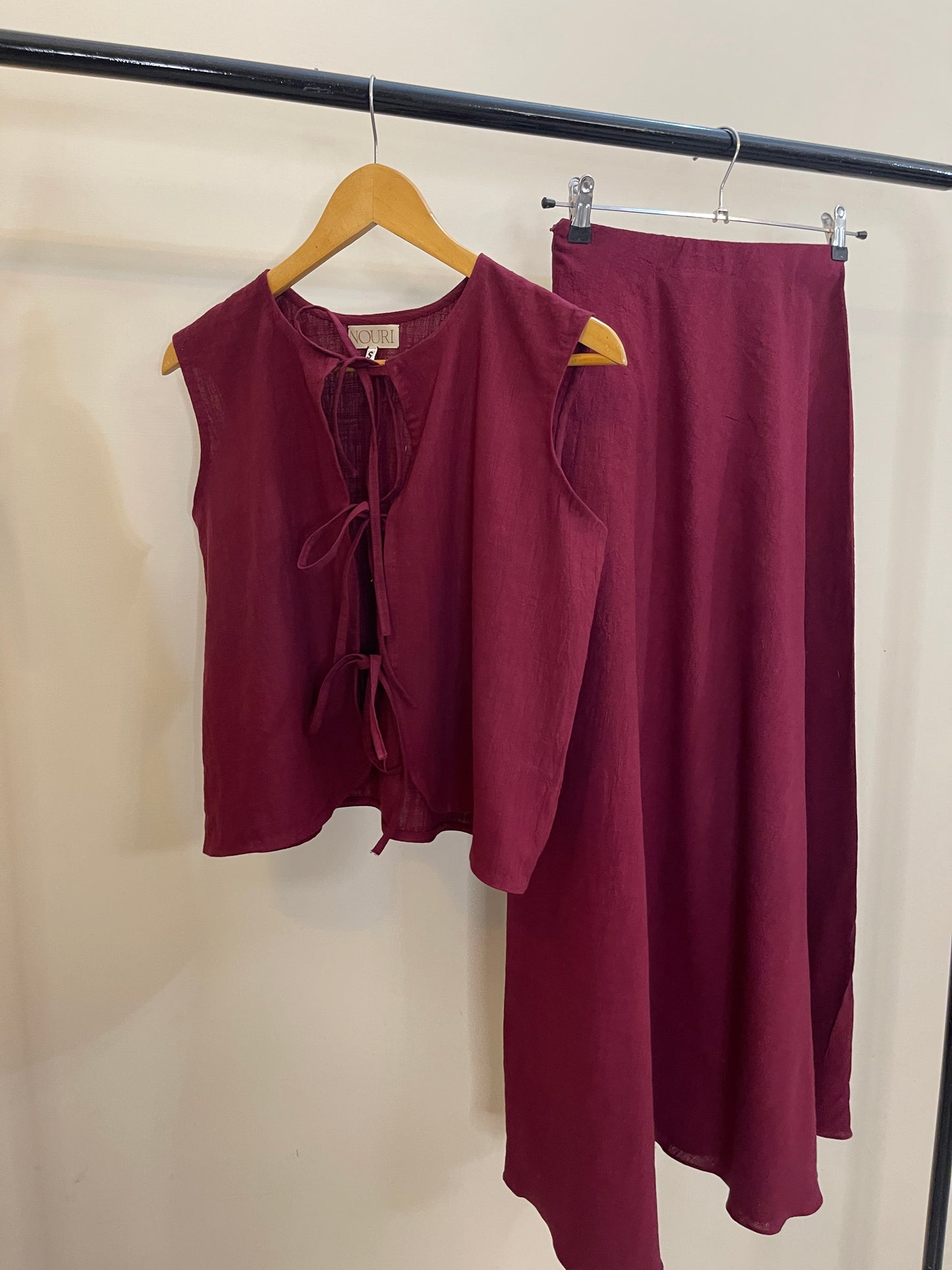 Maroon bow tie skirt set