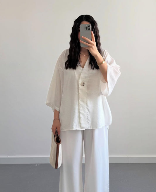 Kimono style shirt with straight leg pants
