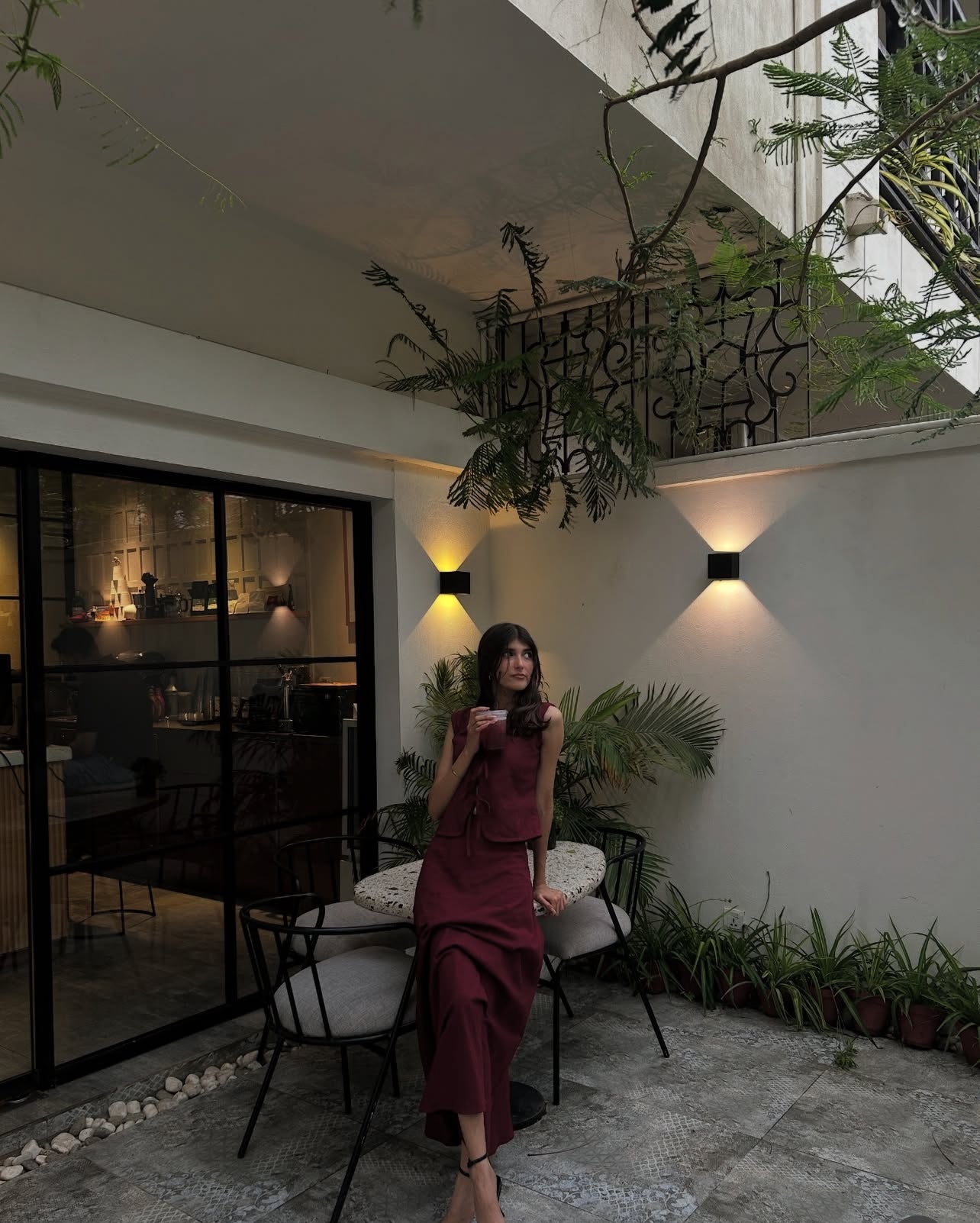 Maroon bow tie skirt set