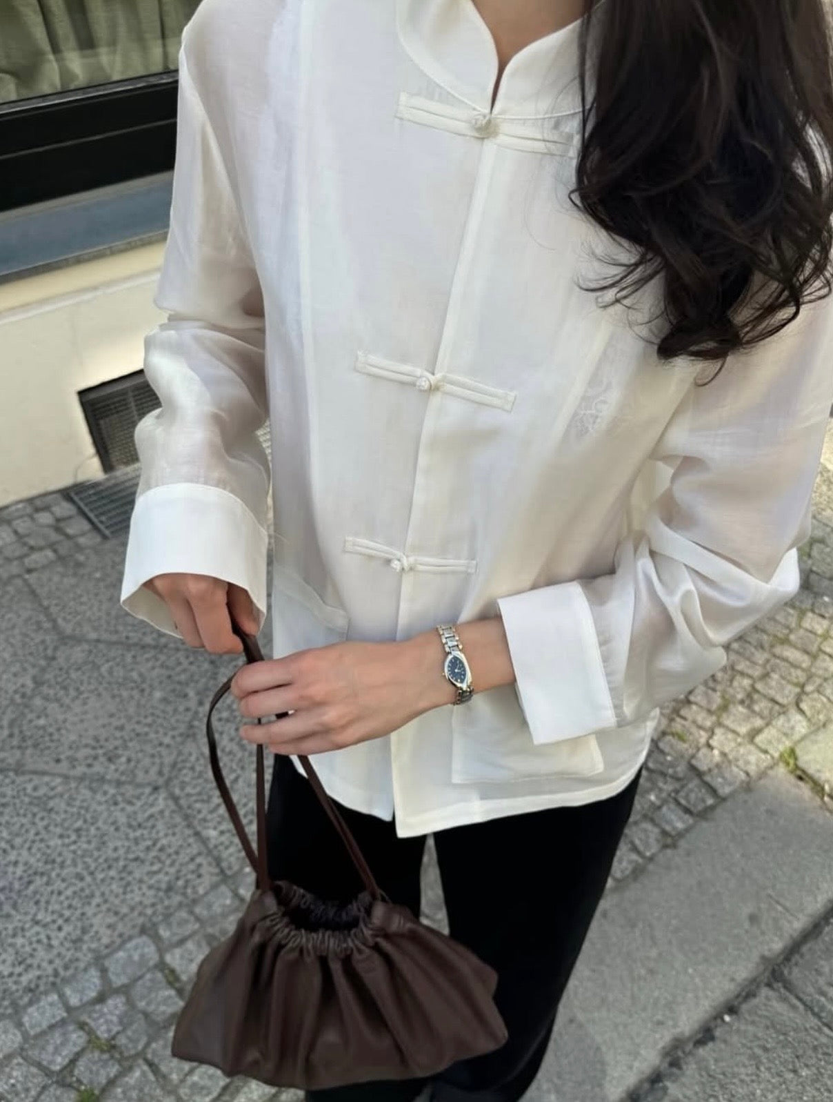 White Mandarin collar shirt with black relax fit trousers